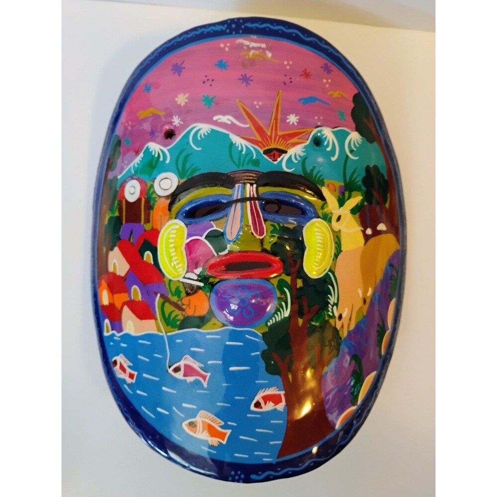 Vintage Mexican Folk Art Clay Mask Hand Painted Tlaquepaque Wall Decor 8"